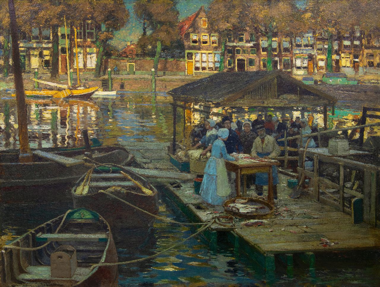 Hermanns H.  | Heinrich Hermanns, Gezicht op de Vismarkt in de Nieuwe Haven, Dordrecht, olieverf op doek 100,5 x 131,6 cm, gesigneerd rechtsonder