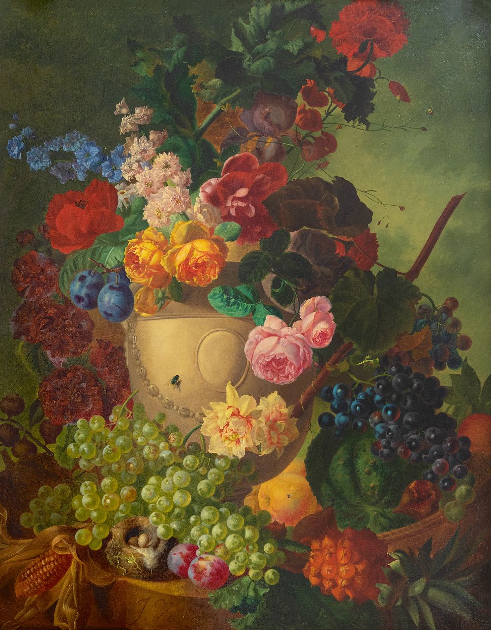 Os J. van | Jan van Os, Stilleven met bloemen, vruchten en een vogelnestje op marmeren plint, olieverf op doek 84,1 x 65,3 cm, gesigneerd linksonder