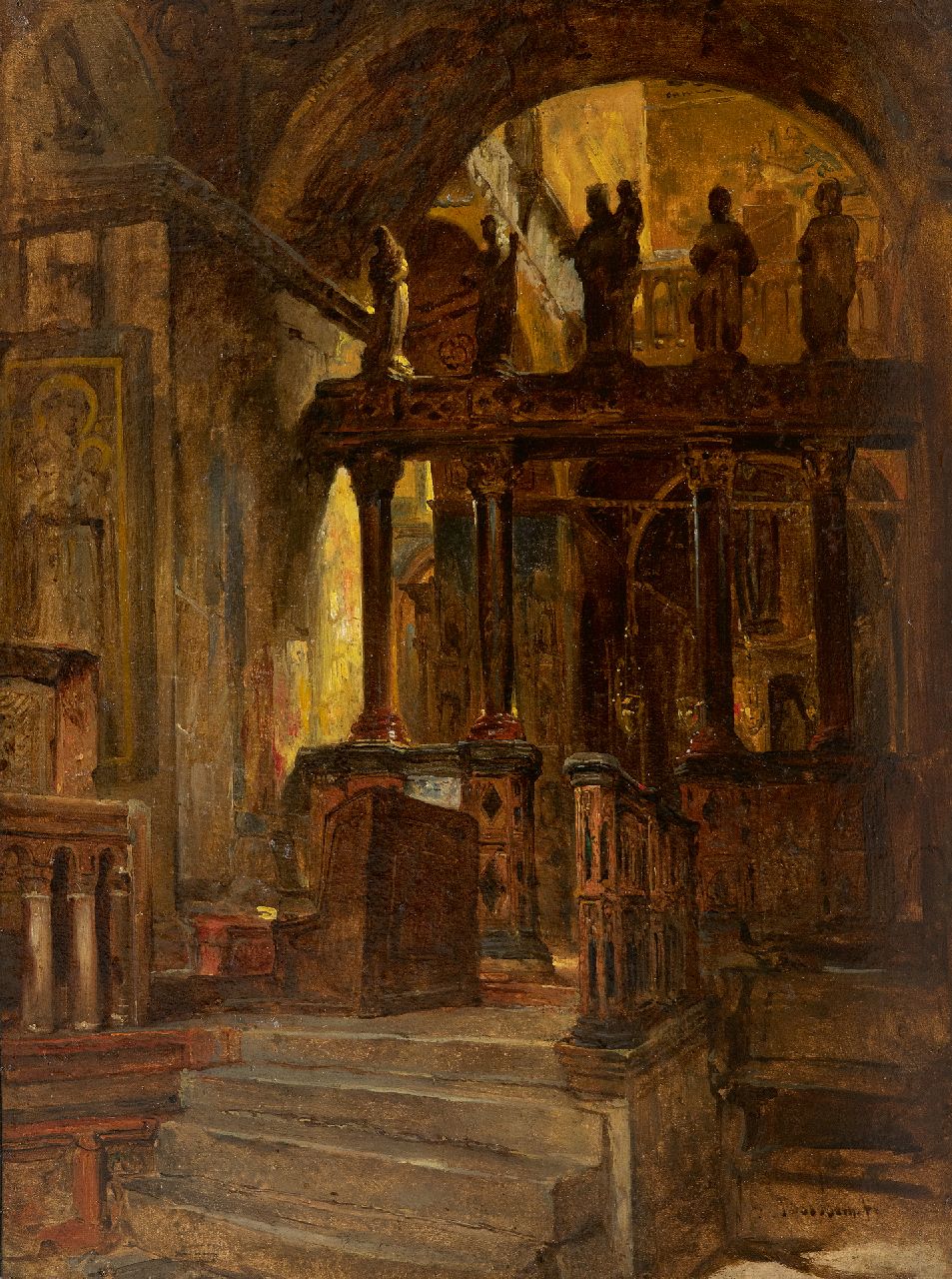 Bosboom J.  | Johannes Bosboom | Schilderijen te koop aangeboden | Interieur van een Oosters-Orthodoxe kerk  i.o., olieverf op paneel 41,9 x 31,4 cm, gesigneerd rechtsonder