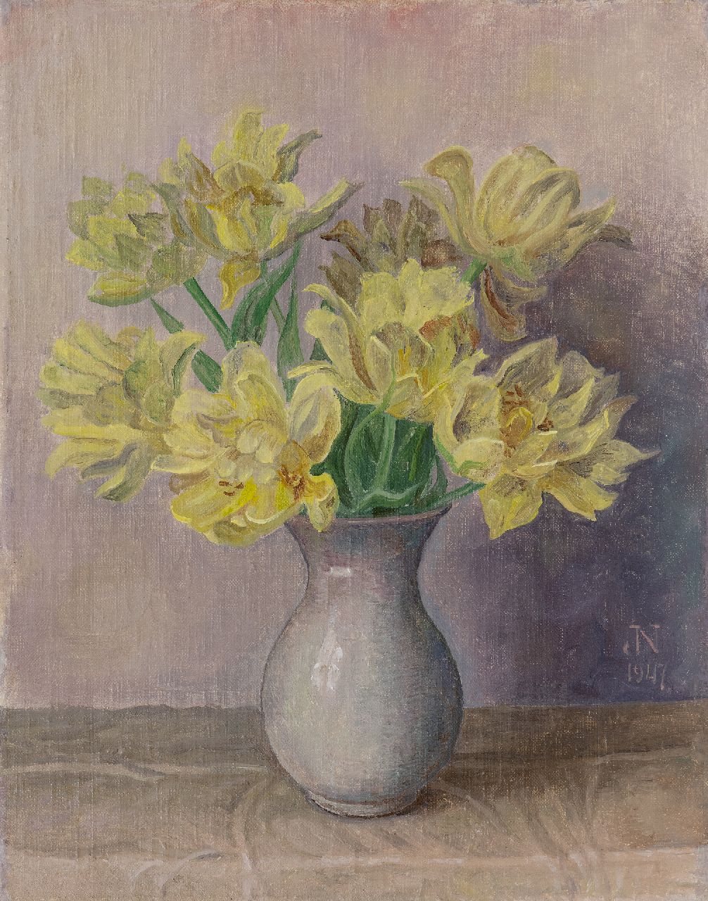 Nieweg J.  | Jakob Nieweg | Schilderijen te koop aangeboden | Gele tulpen, olieverf op doek 45,2 x 35,4 cm, gesigneerd rechtsonder met monogram en gedateerd 1947, zonder lijst