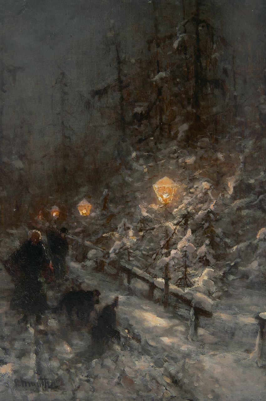 Munthe L.  | Ludwig Munthe, Besneeuwde weg met figuren bij lamplicht, olieverf op paneel 40,9 x 27,7 cm, gesigneerd linksonder