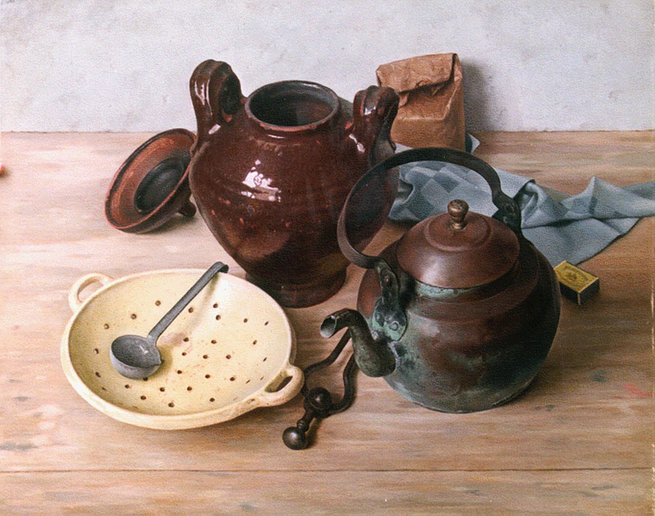Tongeren J. van | Jan van Tongeren, Stilleven van potten op houten tafel, olieverf op doek 64,8 x 80,2 cm, gesigneerd linksboven en gedateerd '41
