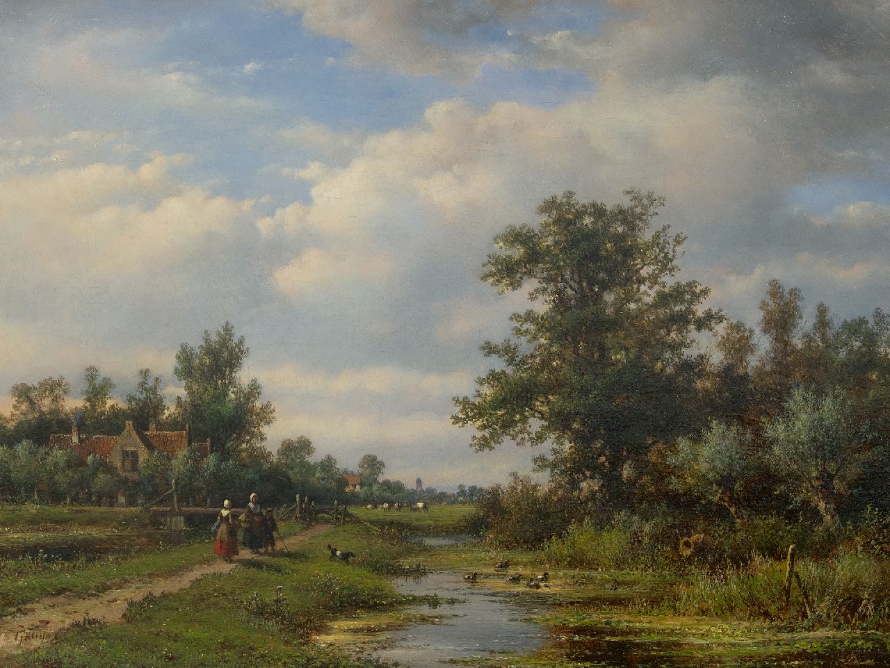 Kleijn L.J.  | Lodewijk Johannes Kleijn, Boerenvolk bij een dorpssloot, olieverf op doek 49,5 x 64,4 cm, gesigneerd linksonder