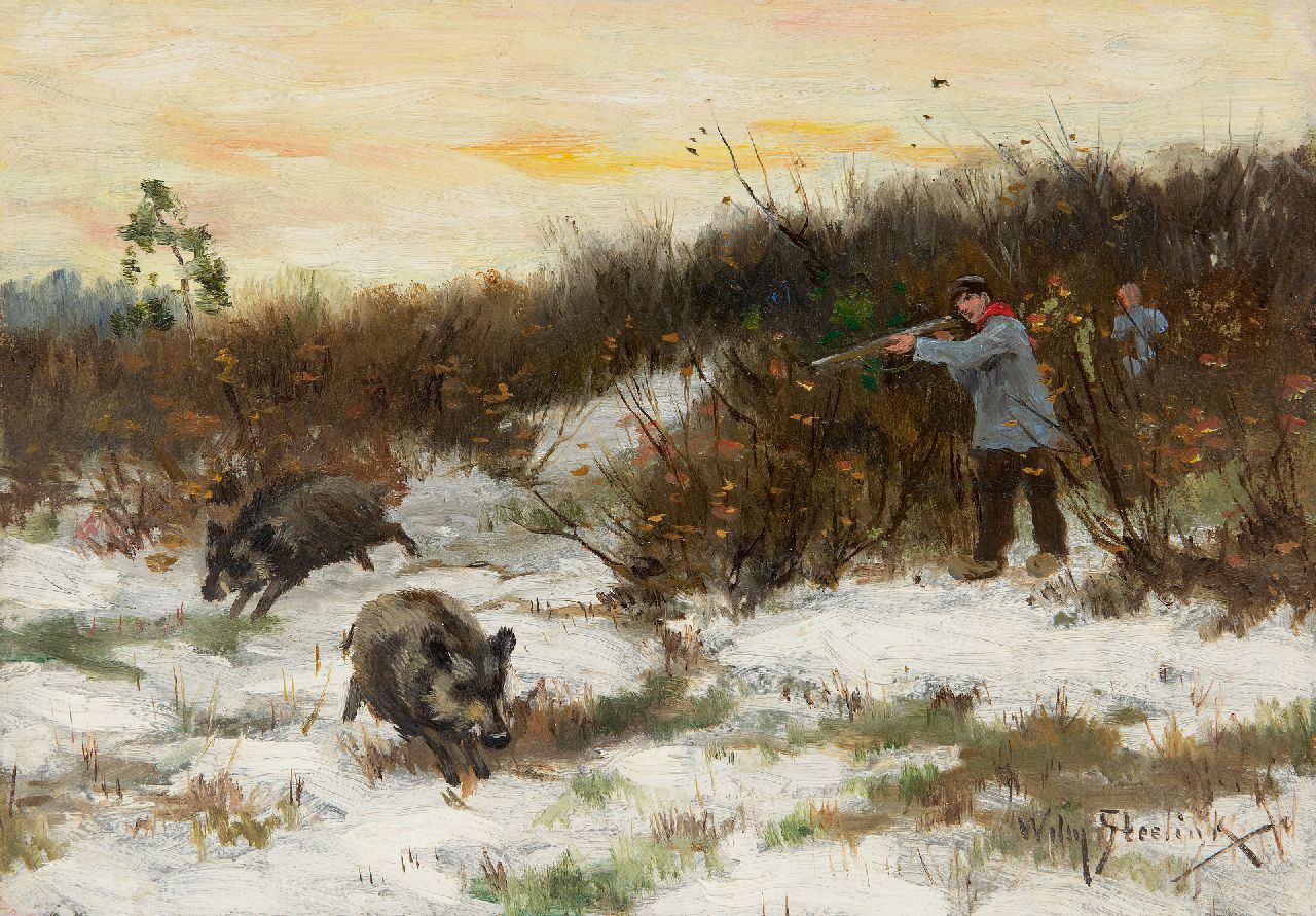 Steelink jr. W.  | Willem Steelink jr., Zwijnenjacht in de sneeuw, olieverf op paneel 19,8 x 28,0 cm, gesigneerd rechtsonder