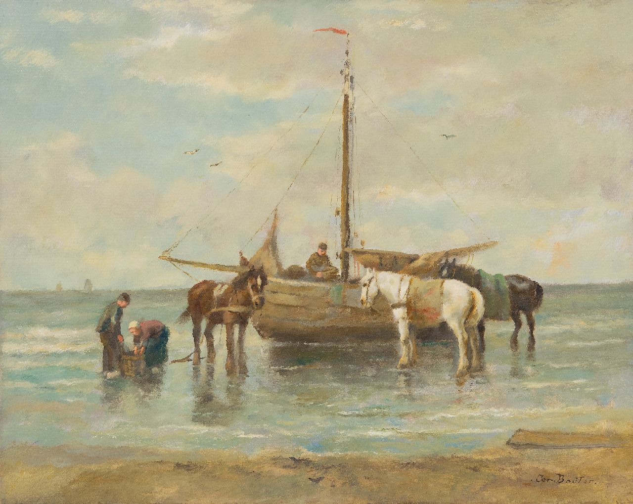 Bouter C.W.  | Cornelis Wouter 'Cor' Bouter | Schilderijen te koop aangeboden | Terugkeer van de vangst, olieverf op doek 41,0 x 51,1 cm, gesigneerd rechtsonder en zonder lijst