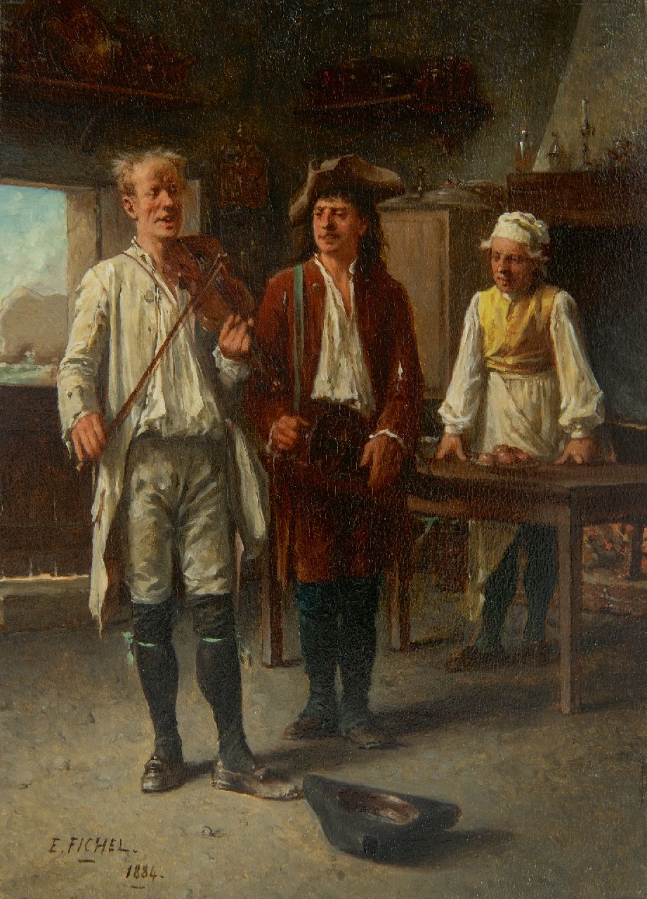 Fichel B.E.  | Benjamin 'Eugène' Fichel | Schilderijen te koop aangeboden | De vioolspeler, olieverf op paneel 22,0 x 15,8 cm, gesigneerd linksonder en gedateerd 1884