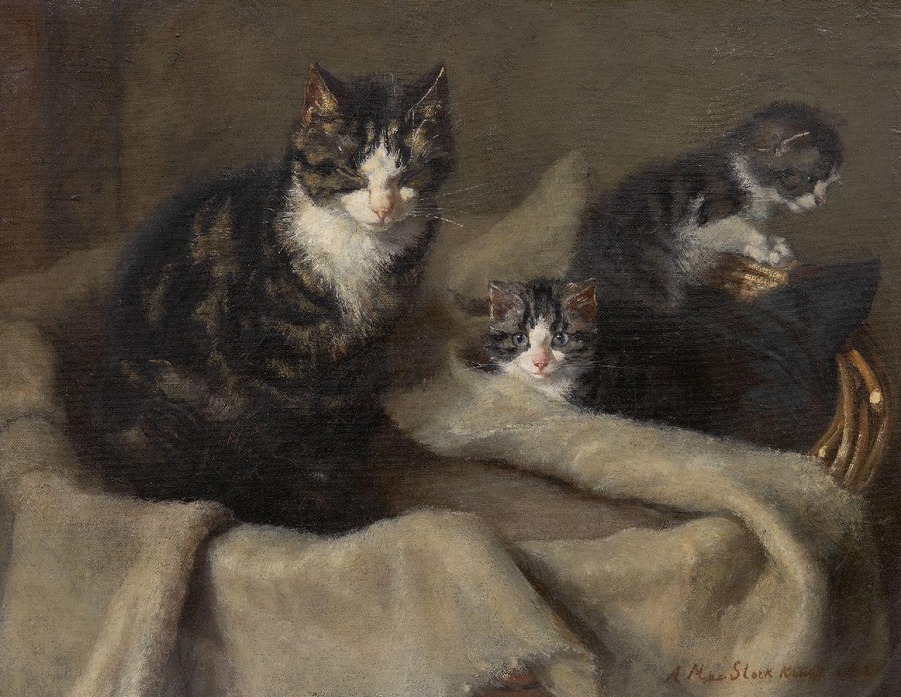 Kruijff A.M.  | Anna Maria Kruijff, Moederpoes met twee kittens, olieverf op doek 35,2 x 45,4 cm, gesigneerd rechtsonder en gedateerd 1908