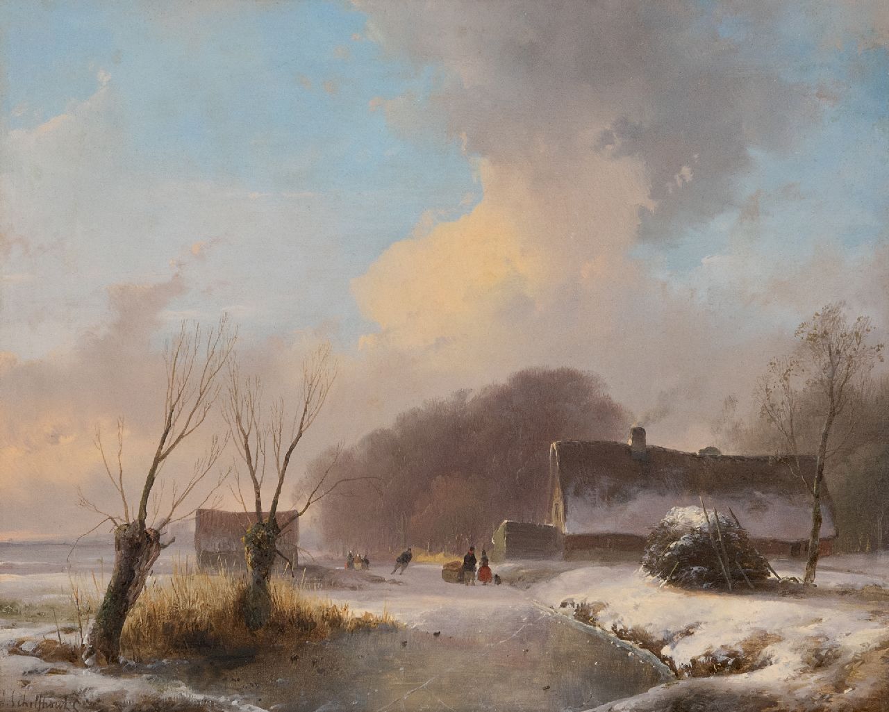 Schelfhout A.  | Andreas Schelfhout, Zonnig wintergezicht met schaatsers en boerderij, olieverf op paneel 29,7 x 36,7 cm, gesigneerd linksonder en te dateren ca. 1833