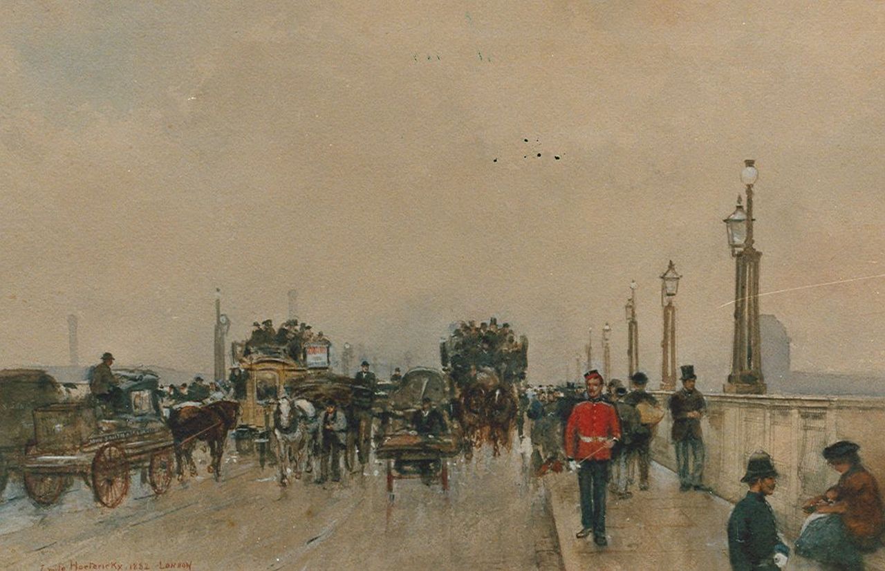 Hoeterickx E.  | Emile Hoeterickx, Paardentrams op Waterloo Bridge, aquarel op papier 36,0 x 55,0 cm, gesigneerd linksonder en gedateerd 1882