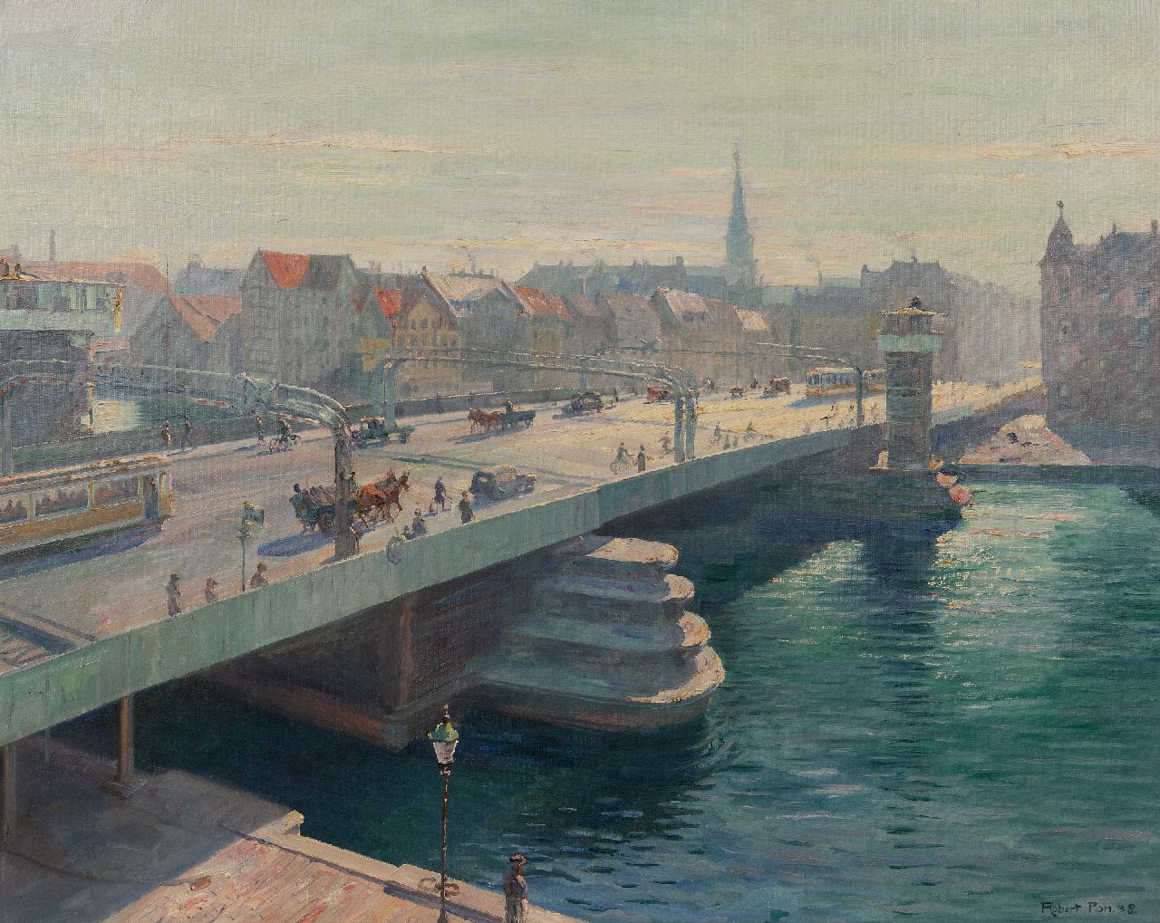 Panitzsch R.  | Robert Panitzsch | Schilderijen te koop aangeboden | De nieuwe Knippelsbro brug in Kopenhagen, olieverf op doek 75,5 x 95,6 cm, gesigneerd rechtsonder en gedateerd '38