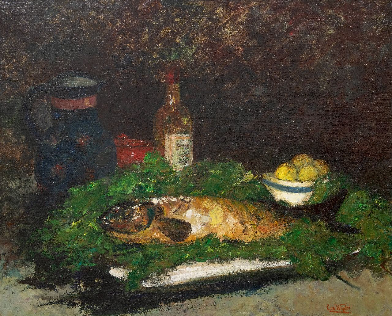 Windt Ch. van der | Christophe 'Chris' van der Windt | Schilderijen te koop aangeboden | Stilleven van een vis, wijnfles en fruitschaal, olieverf op doek 71,3 x 86,0 cm, gesigneerd rechtsonder