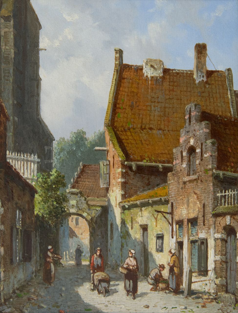 Eversen A.  | Adrianus Eversen, Zonnig straatje achter de kerk, olieverf op paneel 19,1 x 14,9 cm, gesigneerd rechtsonder met monogram en verso op etiket voluit