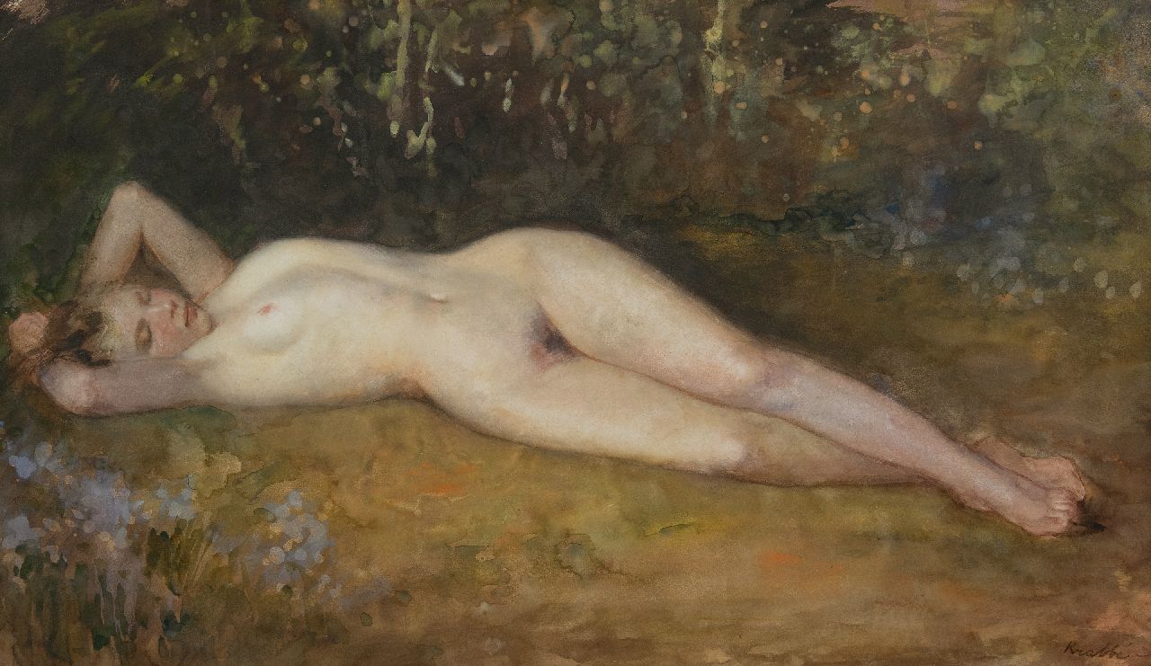 Heinrich Martin Krabbé | Liggend naakt op de bosgrond, aquarel op papier op board, 51,9 x 88,5 cm, gesigneerd r.o.