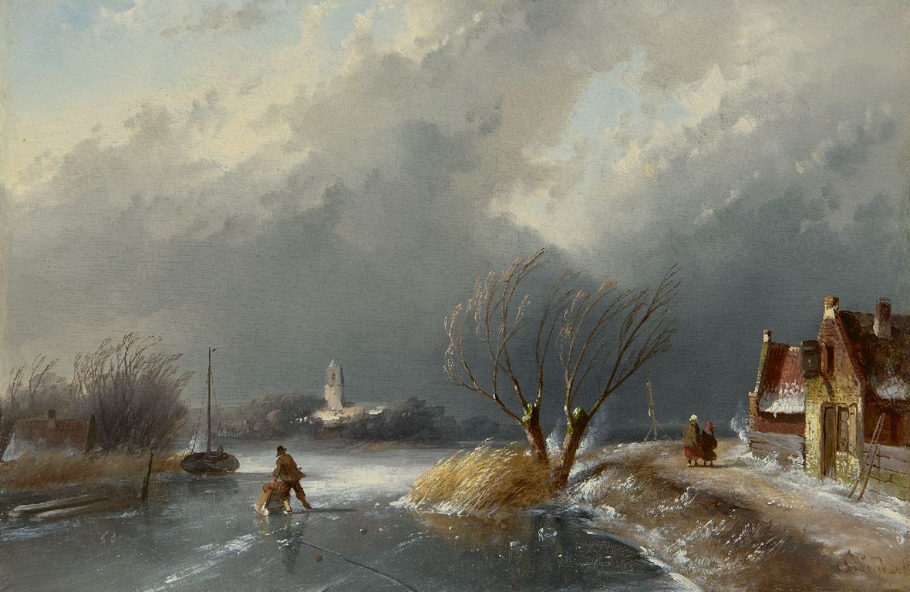 Leickert C.H.J.  | 'Charles' Henri Joseph Leickert | Schilderijen te koop aangeboden | Winterlandschap met opkomende naderende sneeuwstorm, olieverf op paneel 23,0 x 34,9 cm, gesigneerd rechtsonder