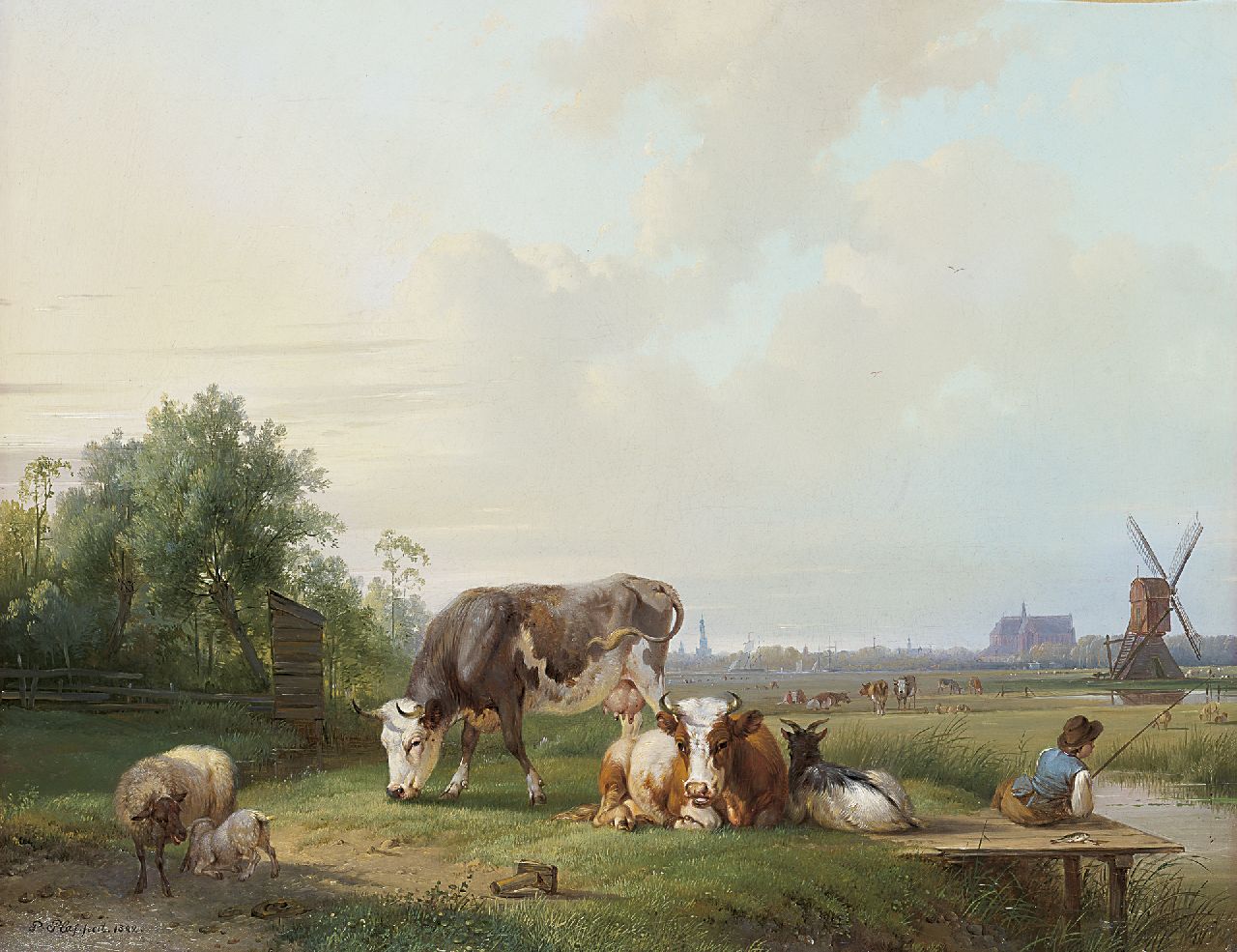 Plas P.  | Pieter Plas, Rustend vee en hengelaar in een pastoraal landschap, Alkmaar in het verschiet, olieverf op doek 44,4 x 55,2 cm, gesigneerd linksonder en gedateerd 1842