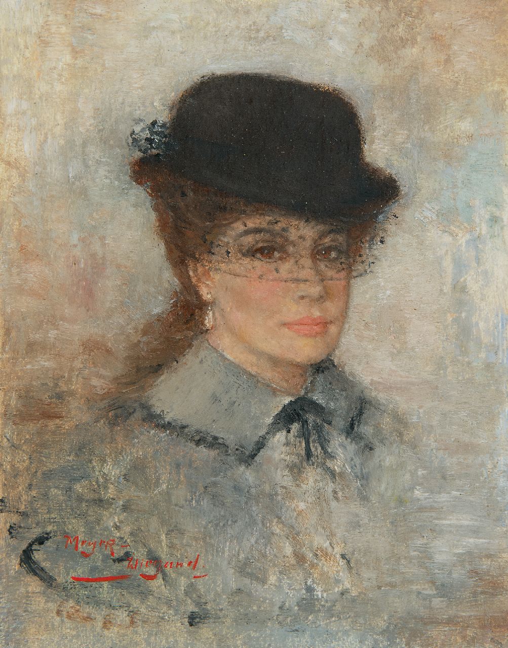 Meyer-Wiegand R.D.  | Rolf Dieter Meyer-Wiegand, Vrouw met hoedje met voile, olieverf op paneel 18,0 x 14,1 cm, gesigneerd linksonder