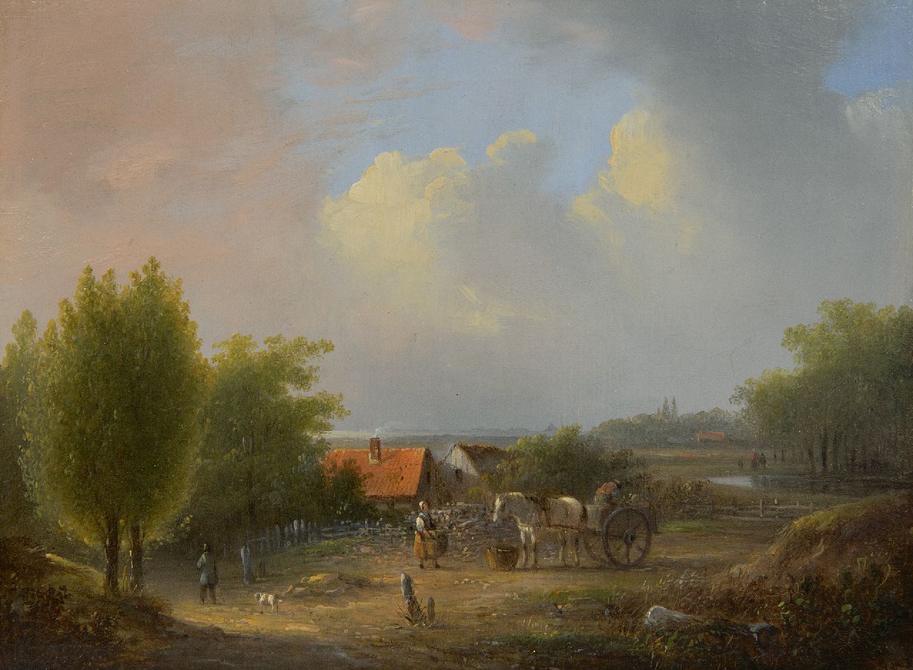 Stok J. van der | Jacobus van der Stok | Schilderijen te koop aangeboden | Weids landschap met boerenvolk, olieverf op paneel 19,3 x 26,0 cm