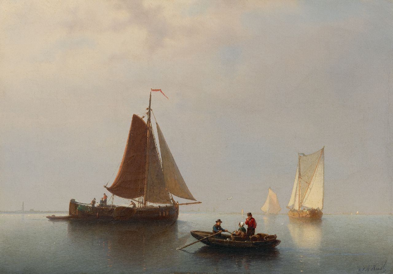 Rust J.A.  | Johan 'Adolph' Rust | Schilderijen te koop aangeboden | Zeilschepen op kalme zee, olieverf op doek 39,6 x 56,4 cm, gesigneerd rechtsonder en zonder lijst