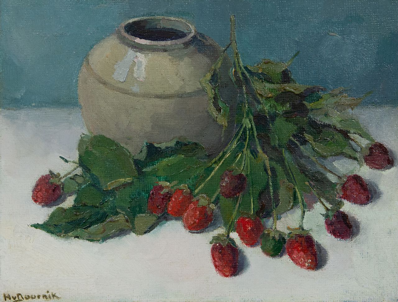 Doornik H. van | Heertje van Doornik, Stilleven van wilde aardbeien en gemberpot, olieverf op schildersboard 24,0 x 31,6 cm, gesigneerd linksonder