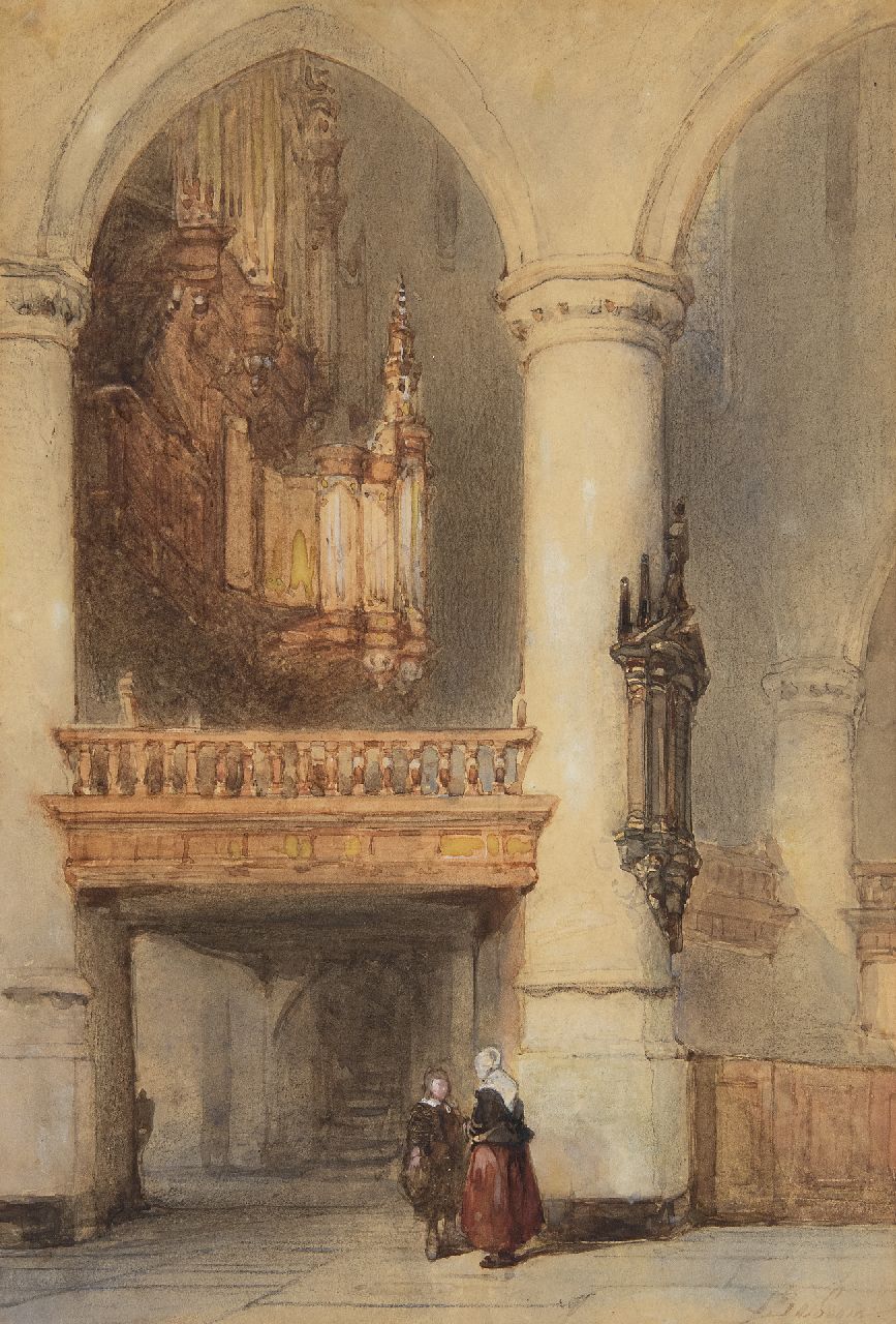 Bosboom J.  | Johannes Bosboom, Interieur van de Oude Kerk in Delft, krijt en aquarel op papier 28,2 x 19,5 cm, gesigneerd rechtsonder en ca. 1855