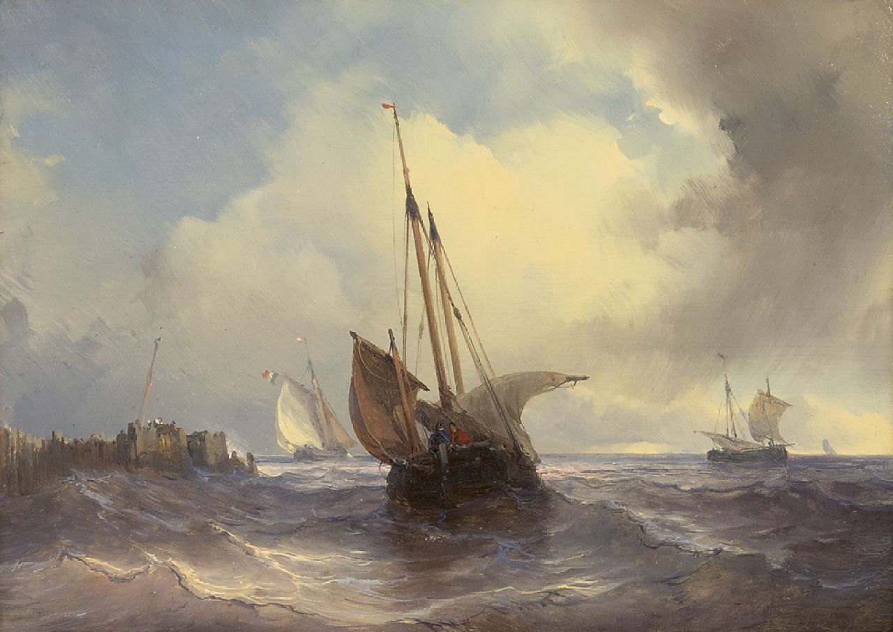 Meijer J.H.L.  | Johan Hendrik 'Louis' Meijer, Zeilschepen op ruwe zee, olieverf op paneel 18,8 x 25,7 cm, gesigneerd rechtsonder