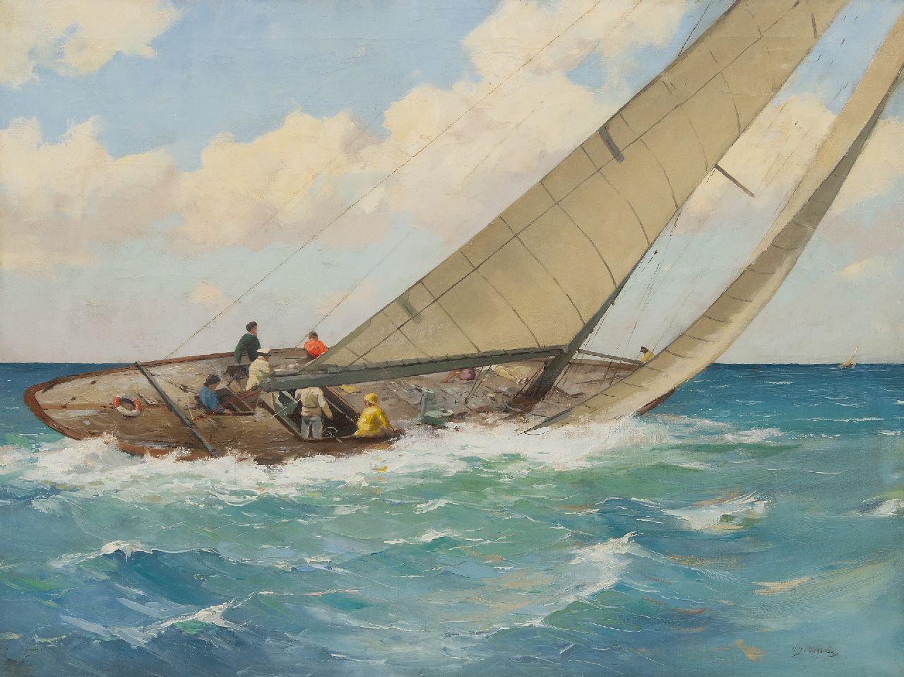 Ligtelijn E.J.  | Evert Jan Ligtelijn, Zeilschip in actie, olieverf op doek 60,2 x 79,6 cm, gesigneerd rechtsonder