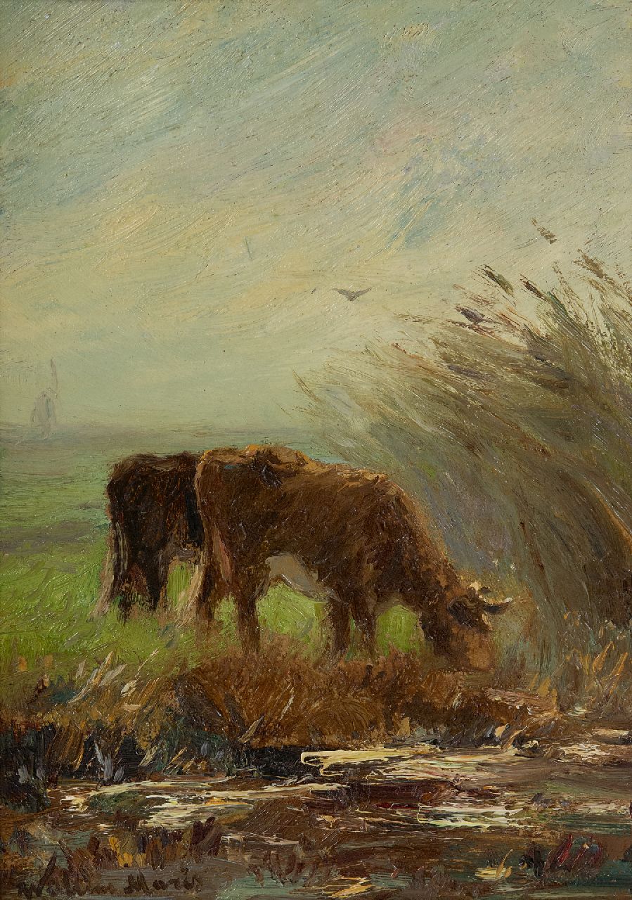 Maris W.  | Willem Maris, Grazende koeien langs een sloot, olieverf op schildersboard 24,6 x 17,2 cm, gesigneerd linksonder