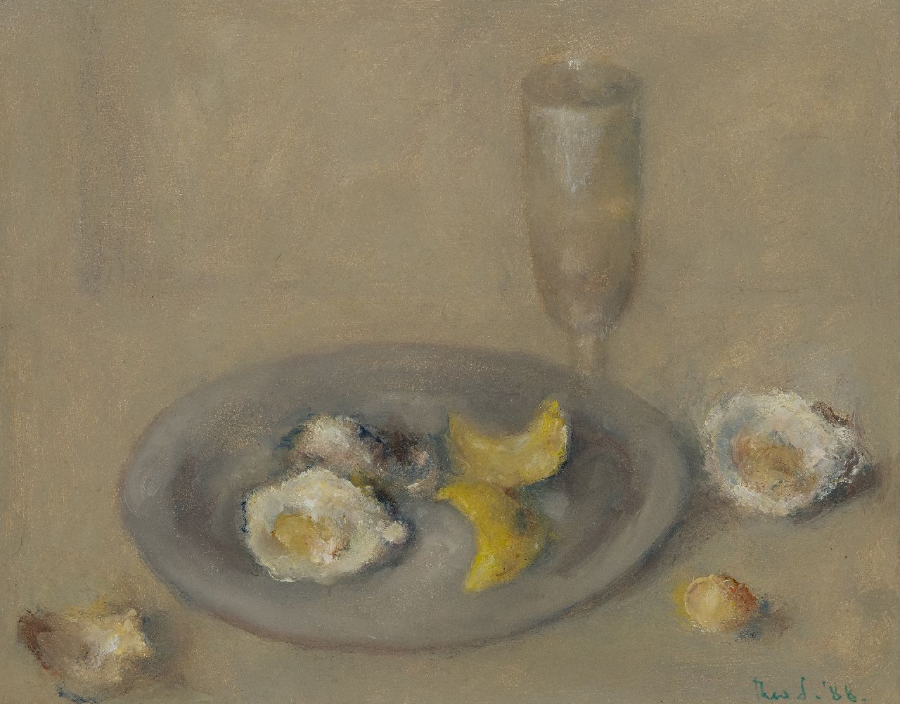 Swagemakers T.  | Theo Swagemakers, Stilleven met oesters en citroenschillen op een tinnen bord, olieverf op paneel 39,5 x 49,4 cm, gesigneerd rechtsonder en gedateerd '88