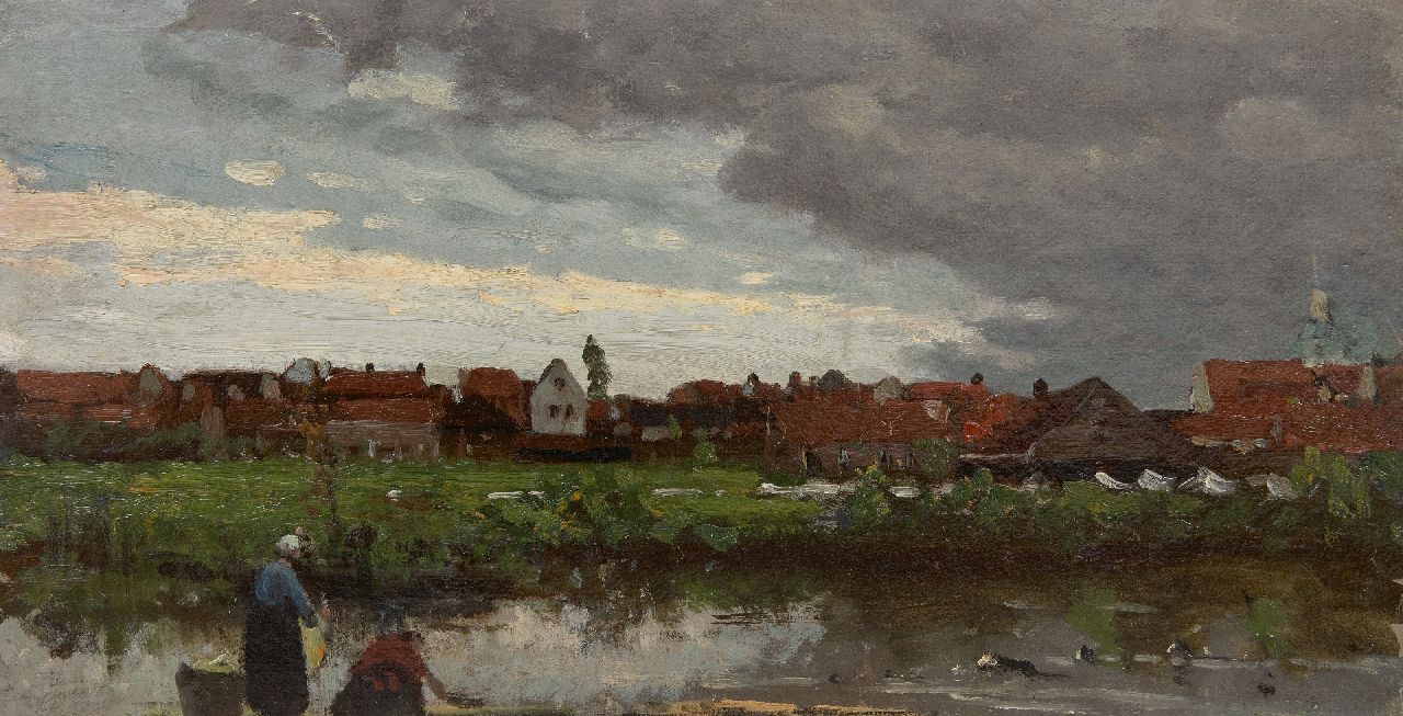 Mesdag H.W.  | Hendrik Willem Mesdag, Bleekvelden aan een vaart, olieverf op doek op paneel 29,3 x 56,0 cm, gesigneerd linksonder resten van signatuur