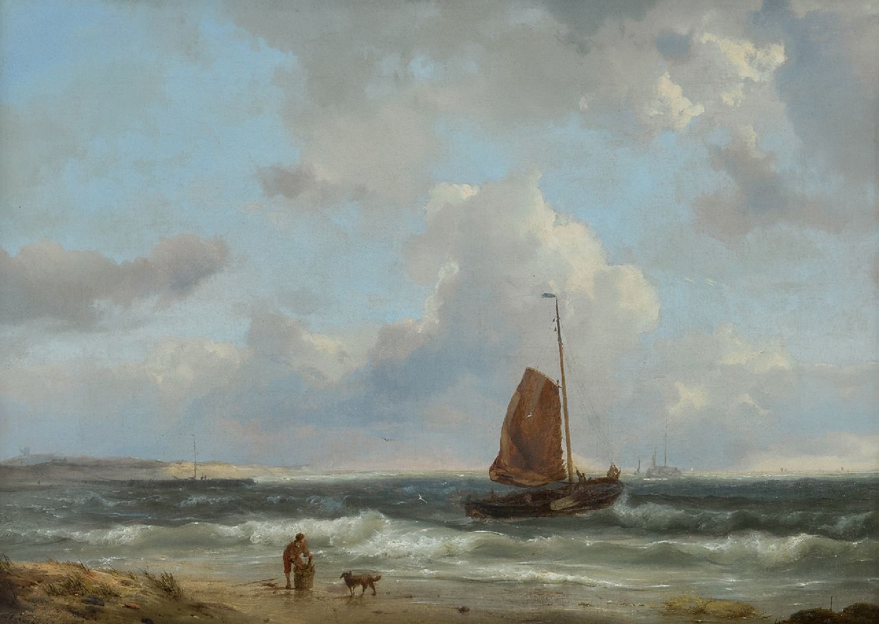 Koekkoek H.  | Hermanus Koekkoek | Schilderijen te koop aangeboden | Uitvarende vissersboot, olieverf op doek 34,7 x 48,3 cm, gesigneerd linksonder en gedateerd 1849