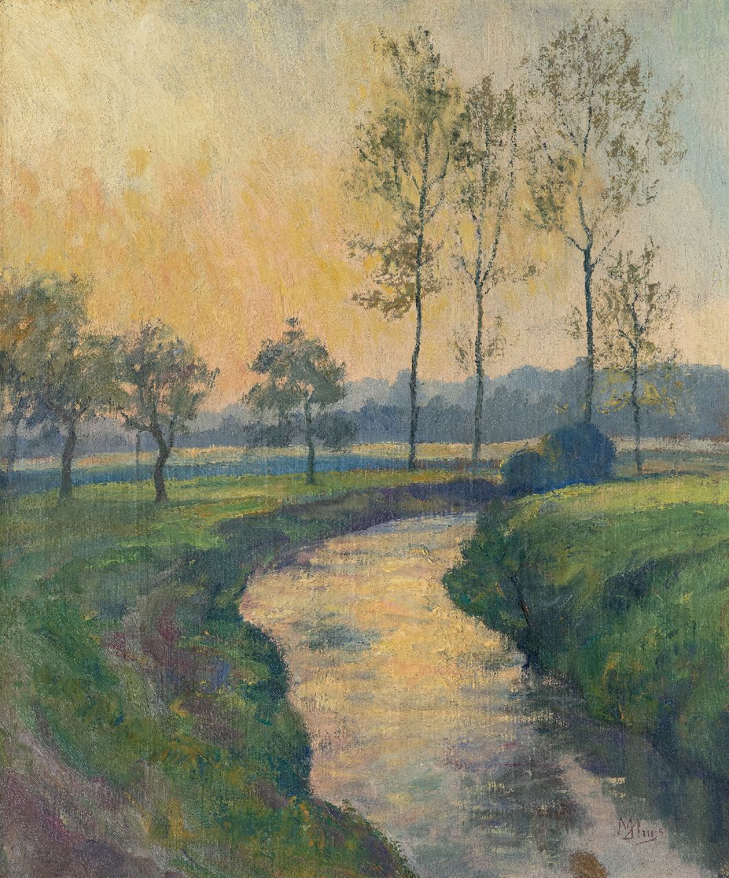 Huys M.  | Modest Huys | Schilderijen te koop aangeboden | Vlaams landschap met beek (vermoedelijk de Mandel of de Leie), olieverf op doek 60,5 x 50,3 cm, gesigneerd rechtsonder