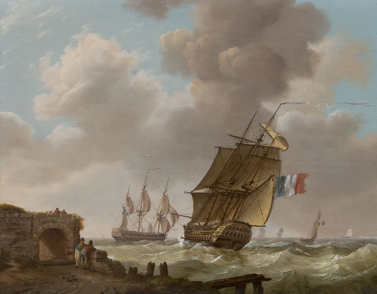 Koekkoek J.H.  | Johannes Hermanus Koekkoek | Schilderijen te koop aangeboden | Laverende oorlogsschepen voor de Zeeuwse kust, olieverf op paneel 32,1 x 40,7 cm, gesigneerd middenonder