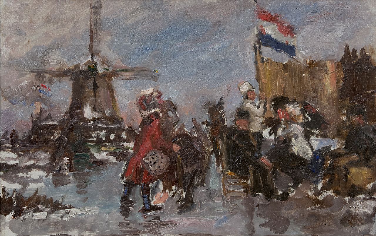 Roelofs O.W.A.  | Otto Willem Albertus 'Albert' Roelofs | Schilderijen te koop aangeboden | Schaats onderbinden op het ijs, olieverf op doek 39,8 x 60,3 cm, te dateren 1899