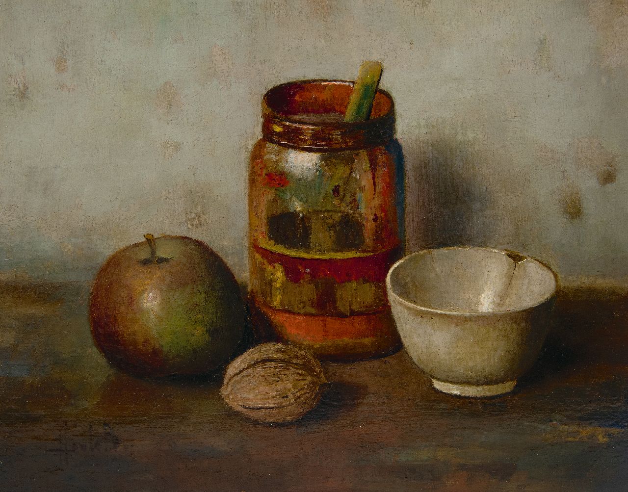 Bos H.  | Hendrik 'Henk' Bos | Schilderijen te koop aangeboden | Stilleven met appel en walnoot, olieverf op doek 24,8 x 31,1 cm, gesigneerd linksonder