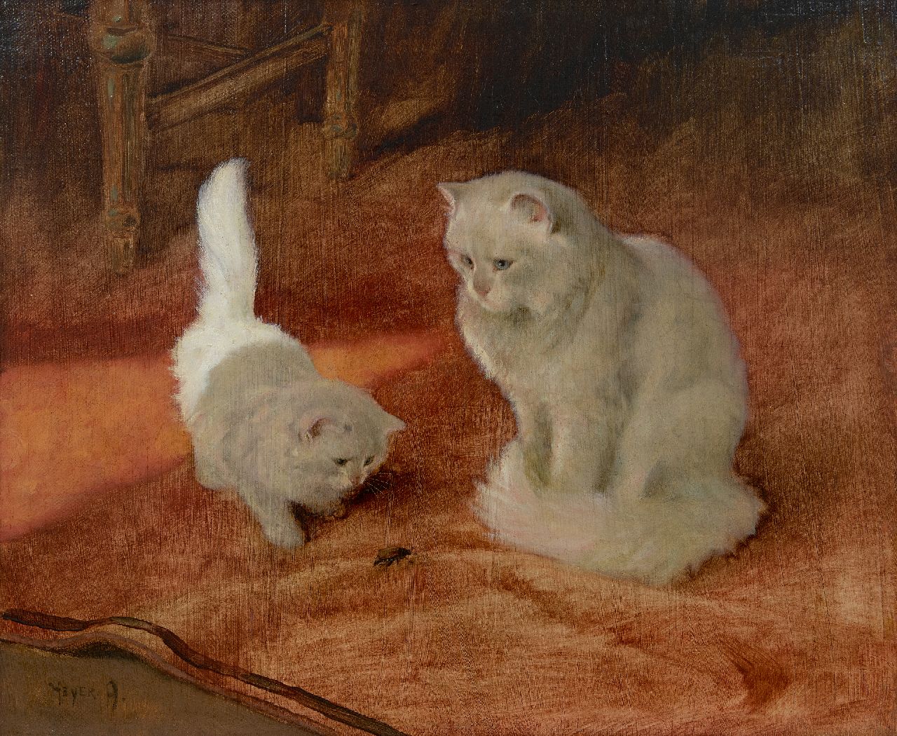 Heyer A.  | Arthur Heyer | Schilderijen te koop aangeboden | Angora kat en kitten met een kevertje, olieverf op doek op board 56,2 x 68,0 cm, gesigneerd linksonder en zonder lijst