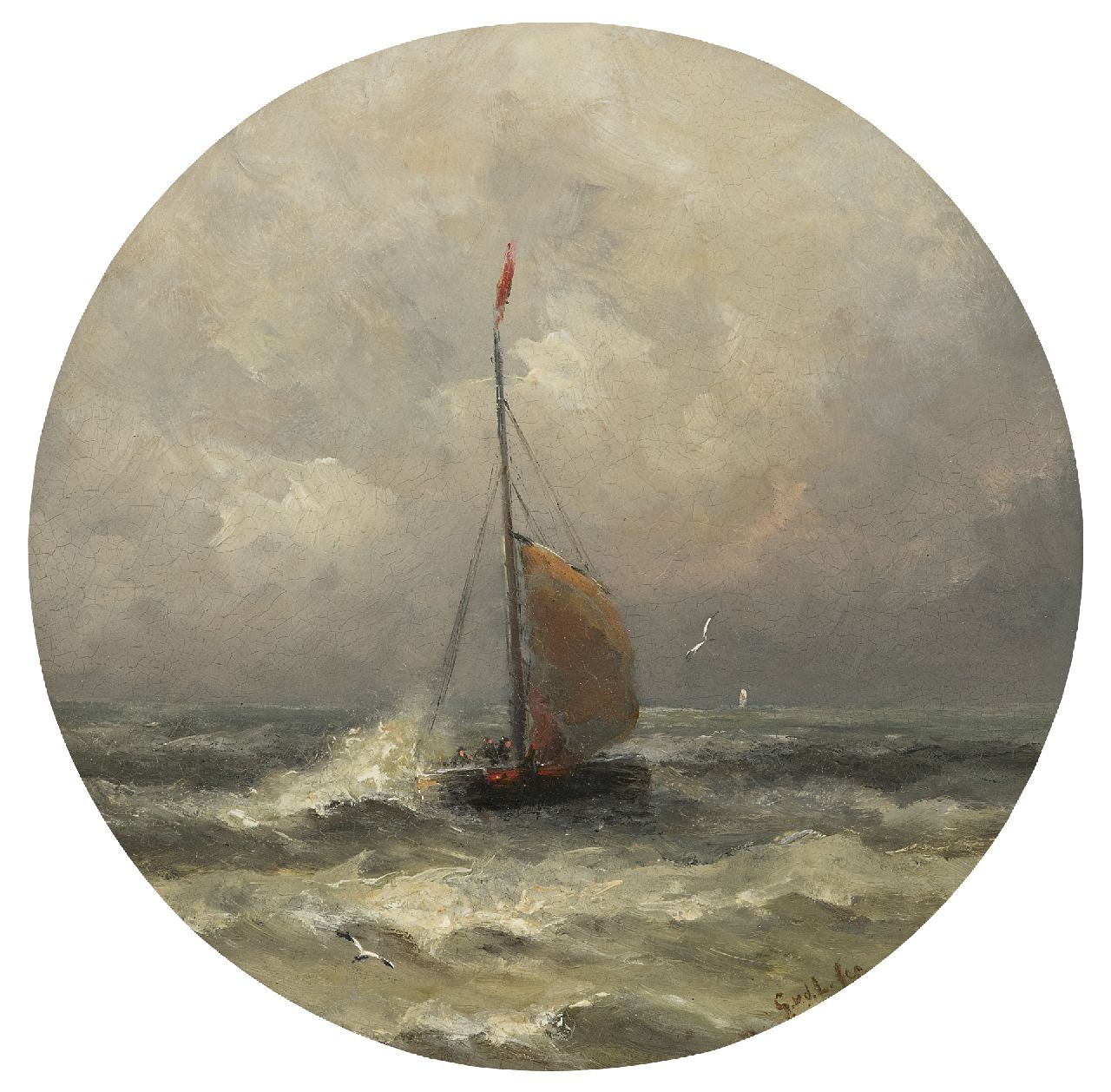 Laan G. van der | Gerard van der Laan | Schilderijen te koop aangeboden | Aankomende bomschuit, olieverf op porselein 28,3 x 28,3 cm, gesigneerd rechtsonder met initialen
