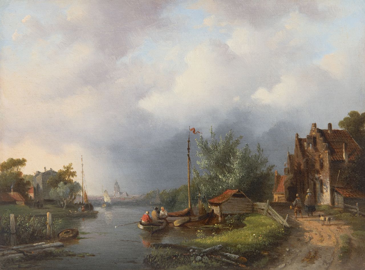 Stok J. van der | Jacobus van der Stok | Schilderijen te koop aangeboden | Zomers dorpje aan een rivier, olieverf op paneel 21,1 x 28,1 cm