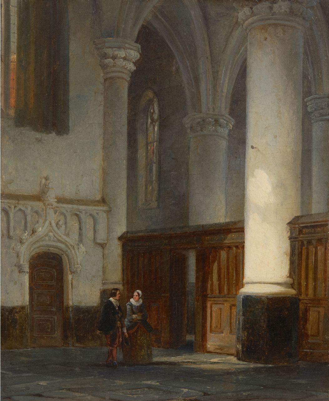 Springer C.  | Cornelis Springer | Schilderijen te koop aangeboden | Man en vrouw in een kerkinterieur, olieverf op doek 32,9 x 27,3 cm, gesigneerd linksonder met monogram en gedateerd '44