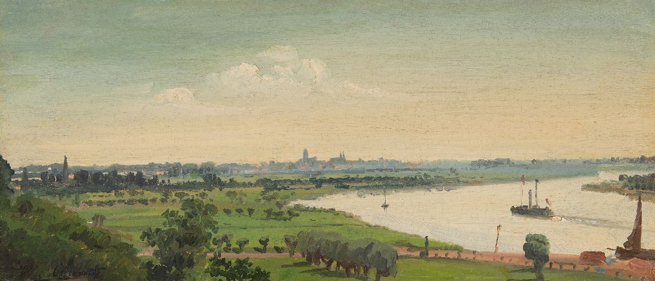 Oppenoorth W.J.  | 'Willem' Johannes Oppenoorth, Zomers rivierlandschap met Deventer in de verte, olieverf op doek op paneel 21,2 x 46,1 cm, gesigneerd linksonder