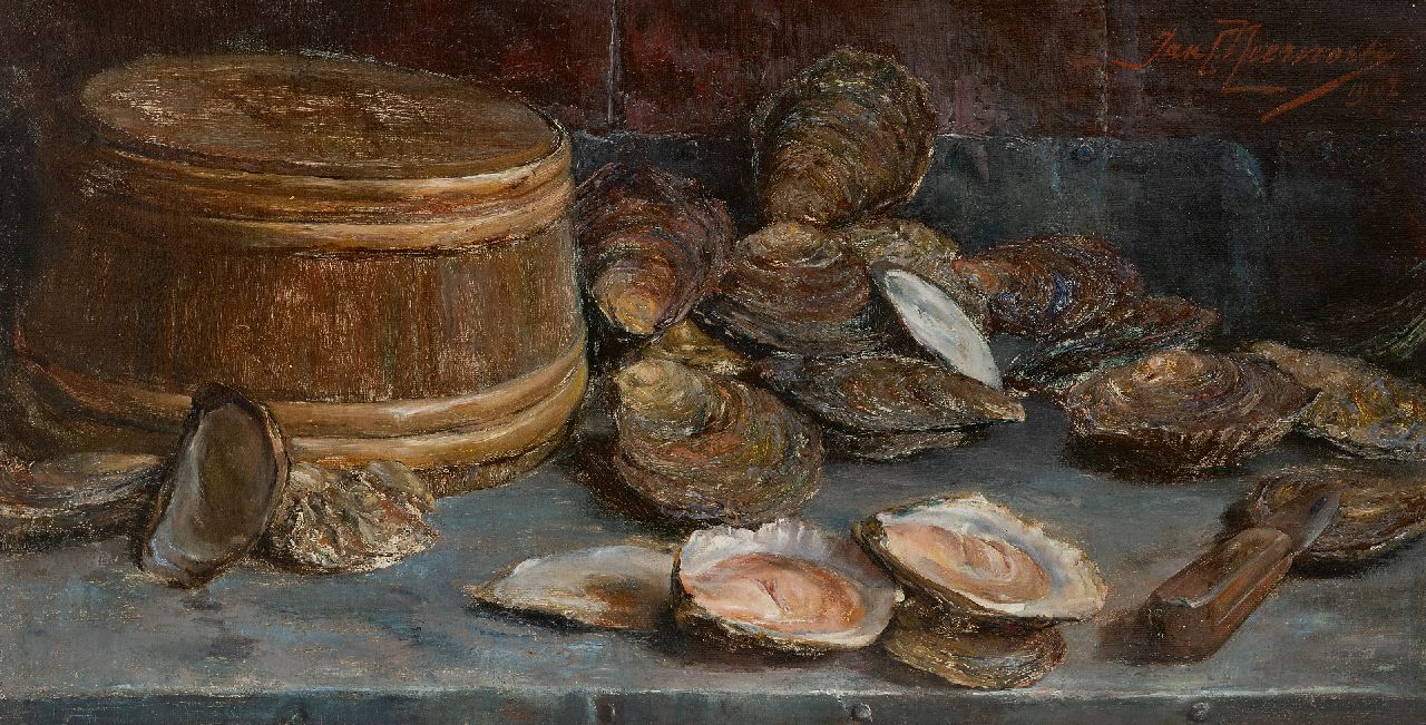 Neervoort J.C.  | Johannes Cornelius 'Jan' Neervoort, Stilleven met oesters, olieverf op doek 28,3 x 53,8 cm, gesigneerd rechtsboven en gedateerd 1907