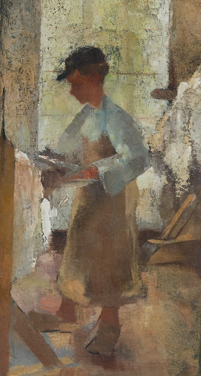 Rappard A.G.A. van | 'Anthon' Gerhard Alexander van Rappard, Jonge arbeider aan een spanbok, olieverf op doek 45,1 x 25,4 cm