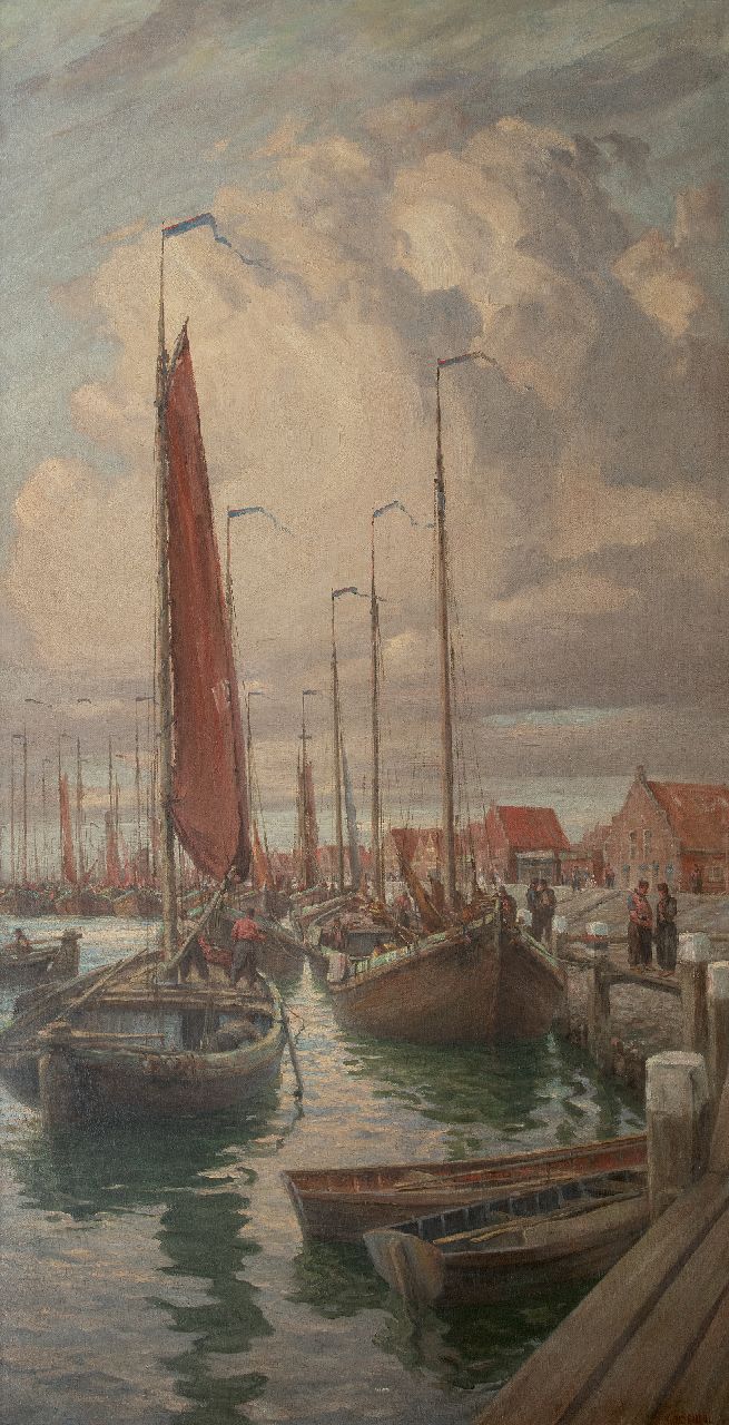 Randall M.  | Maurice Randall | Schilderijen te koop aangeboden | De haven van Volendam, olieverf op doek 175,3 x 91,3 cm, gesigneerd rechtsonder