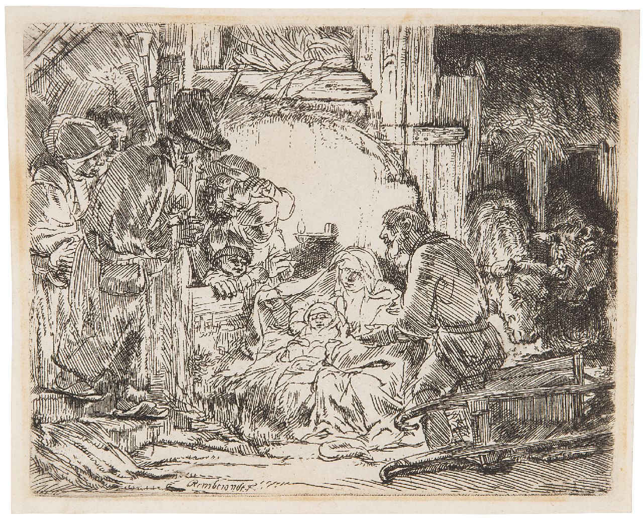 Rembrandt | Aanbidding der herders (met de olielamp), ets, 11,0 x 13,4 cm, gesigneerd l. v.h. m.