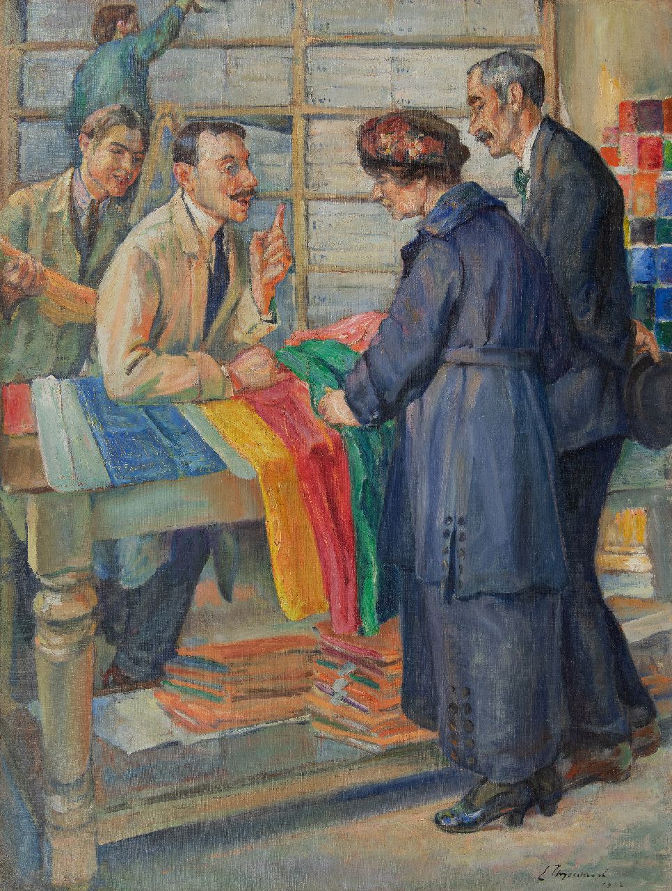 Thysebaert E.  | Emile Thysebaert | Schilderijen te koop aangeboden | In de stoffenwinkel, olieverf op doek 109,2 x 83,0 cm, gesigneerd rechtsonder en gedateerd 1903