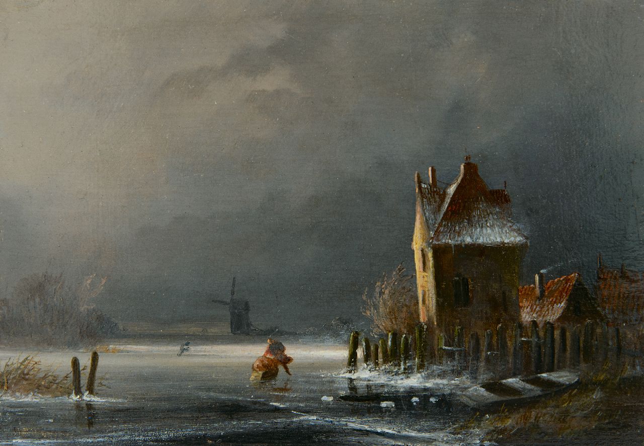 Jacques van Hellenberg Hubar | Winterlandschap bij naderende sneeuwstorm, olieverf op paneel, 14,9 x 21,3 cm