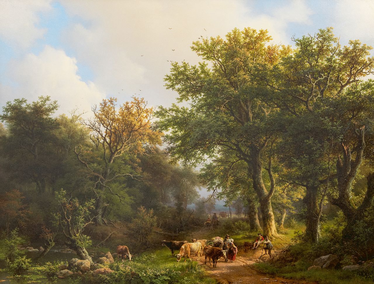 Koekkoek B.C.  | Barend Cornelis Koekkoek | Schilderijen te koop aangeboden | Zomers bosgezicht met vee en figuren, olieverf op paneel 69,1 x 90,2 cm, gesigneerd rechtsonder en gedateerd 1853