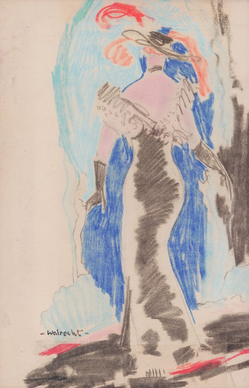 Walrecht B.H.D.  | Bernardus Hermannus David 'Ben' Walrecht | Aquarellen en tekeningen te koop aangeboden | Modieuze vrouw, pastel op papier 32,9 x 21,6 cm, gesigneerd linksonder