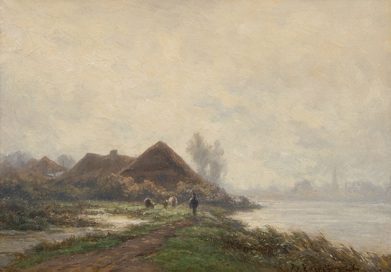 Everdingen A. van | Adrianus van Everdingen | Schilderijen te koop aangeboden | Langs de rivier, olieverf op paneel 17,0 x 24,4 cm, gesigneerd rechtsonder