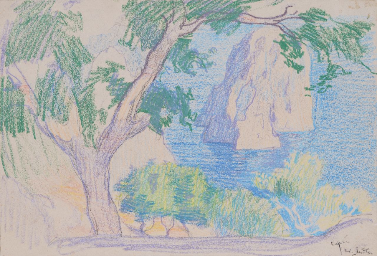 Sluiter J.W.  | Jan Willem 'Willy' Sluiter | Aquarellen en tekeningen te koop aangeboden | Landschap op Capri, krijt op papier 22,7 x 33,6 cm, gesigneerd rechtsonder en zonder lijst