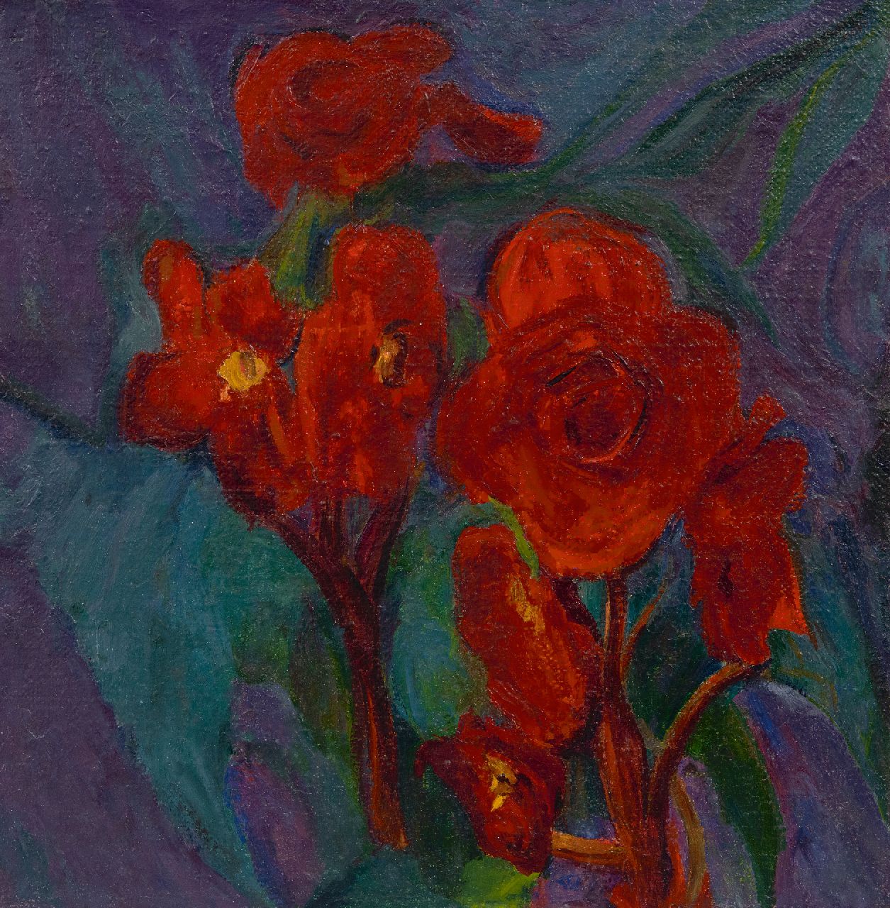 Dijkstra J.  | Johannes 'Johan' Dijkstra | Schilderijen te koop aangeboden | Rode bloemen, olieverf op doek 36,0 x 35,8 cm, gesigneerd op spieraam